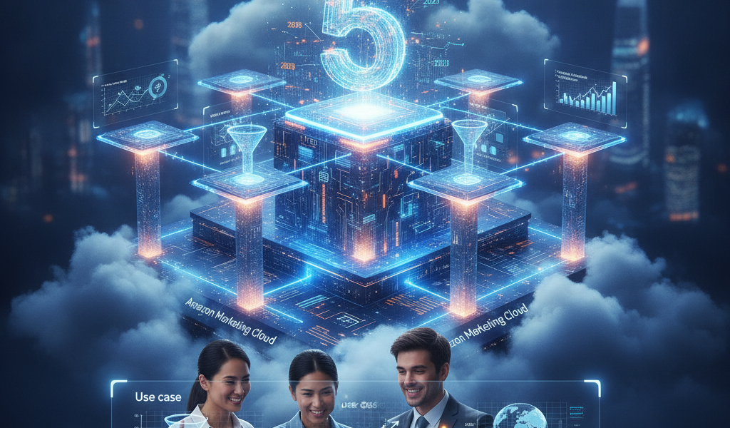 Business team using holographic cloud analytics platform marked five