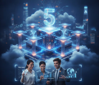 Business team using holographic cloud analytics platform marked five