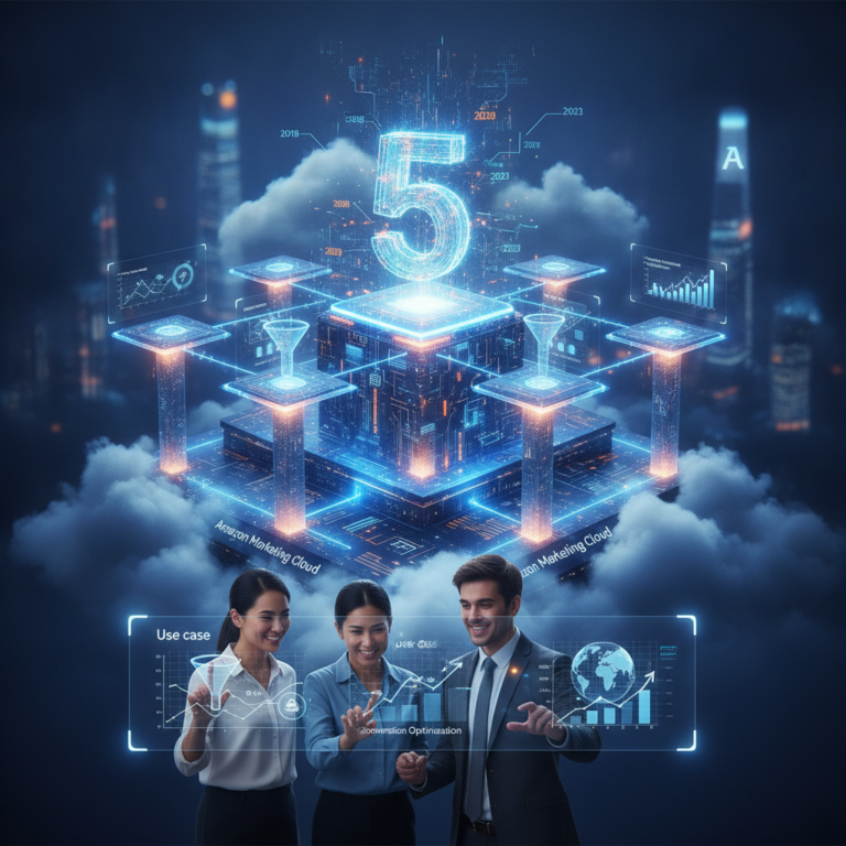 Business team using holographic cloud analytics platform marked five