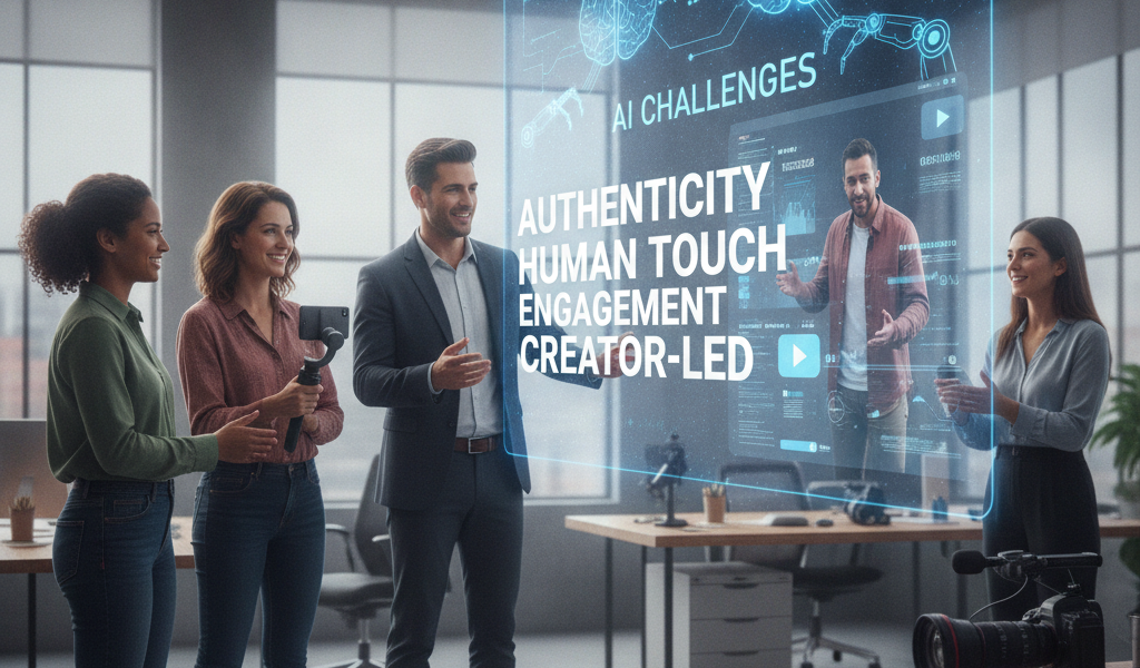 Team discussing AI challenges beside a holographic presentation screen