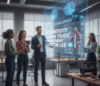 Team discussing AI challenges beside a holographic presentation screen