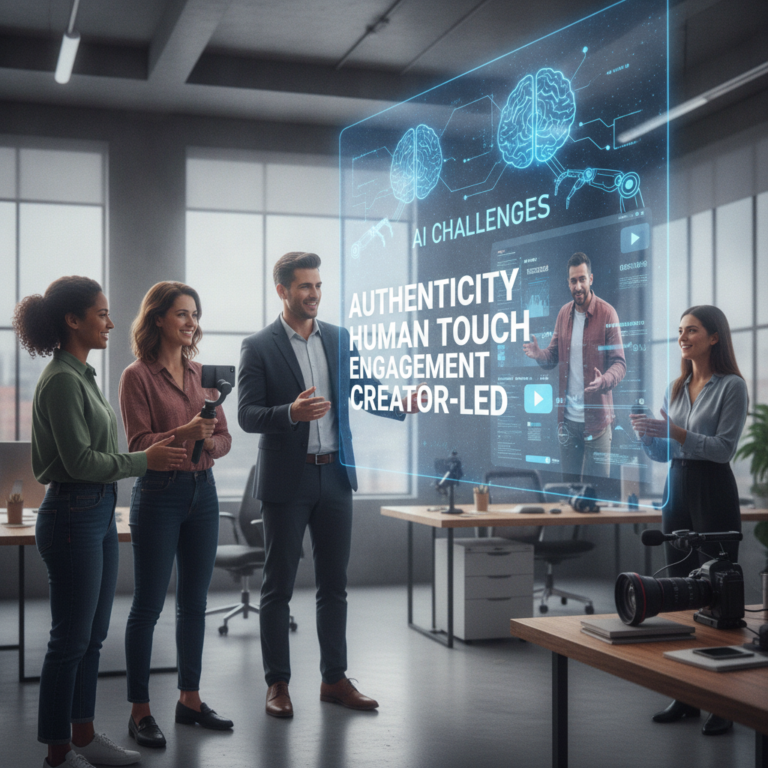 Team discussing AI challenges beside a holographic presentation screen