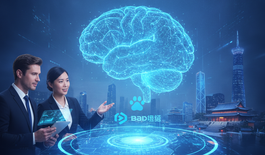 Baidu AI citations guide with digital brain and cityscape