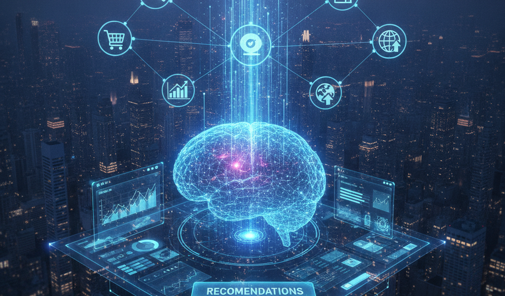 AI recommendation dashboard with holographic brain above city skyline