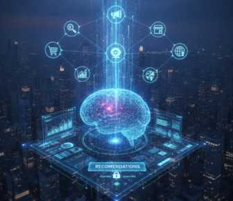 AI recommendation dashboard with holographic brain above city skyline