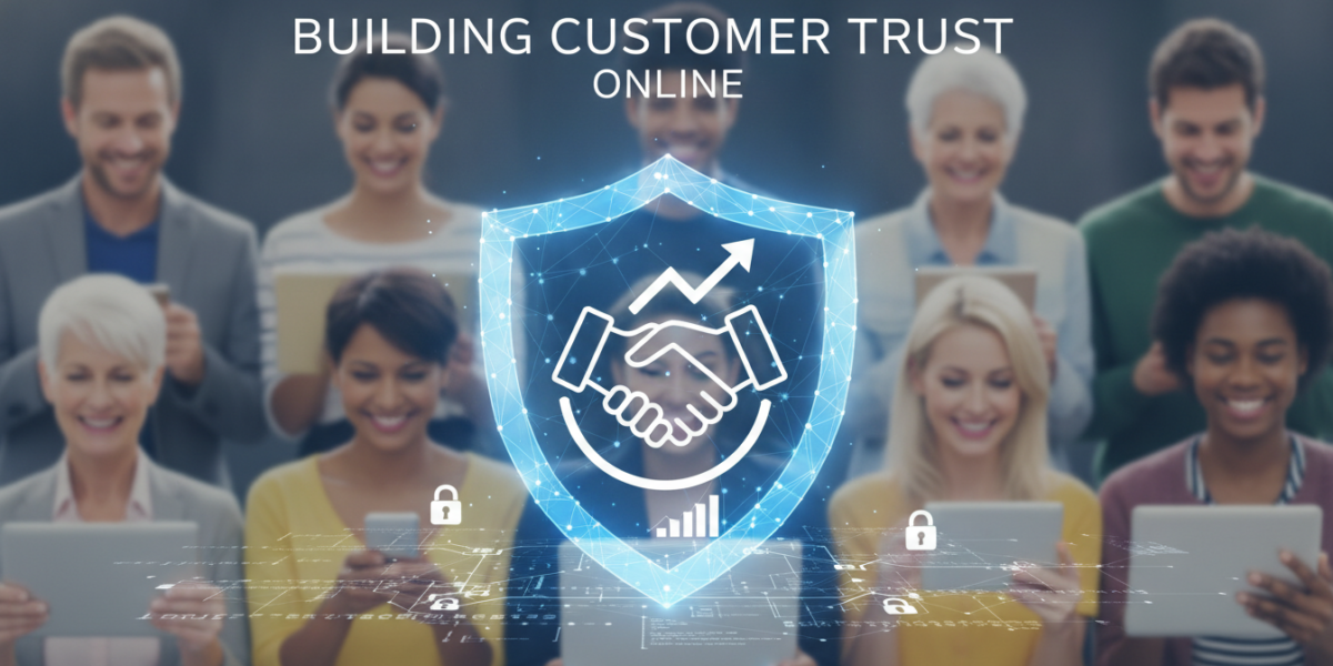 Online customer trust concept with digital security shield and users