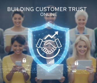 Online customer trust concept with digital security shield and users