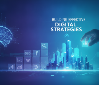 Digital strategy graphic with AI brain, analytics and rising city