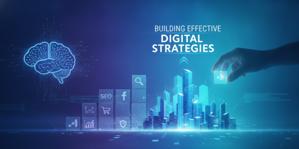 Digital strategy graphic with AI brain, analytics and rising city