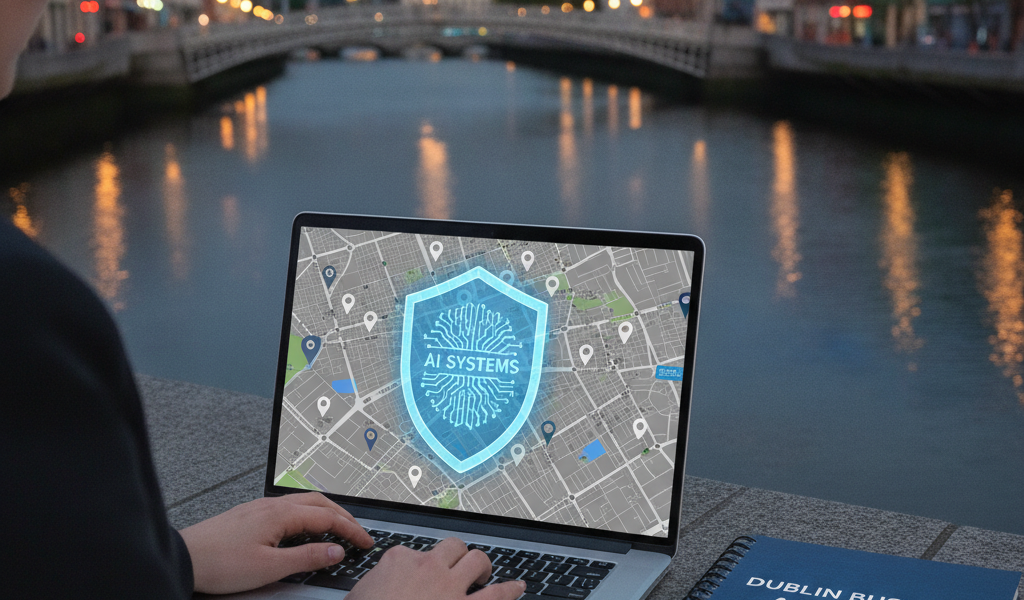 Person using AI mapping laptop beside Dublin river at dusk