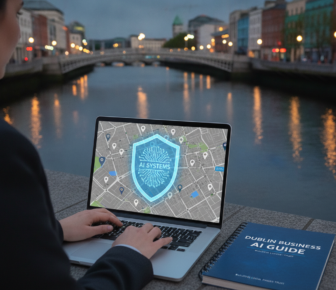 Person using AI mapping laptop beside Dublin river at dusk