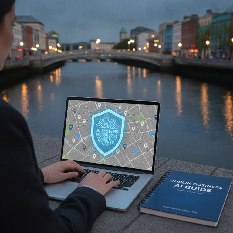 Person using AI mapping laptop beside Dublin river at dusk