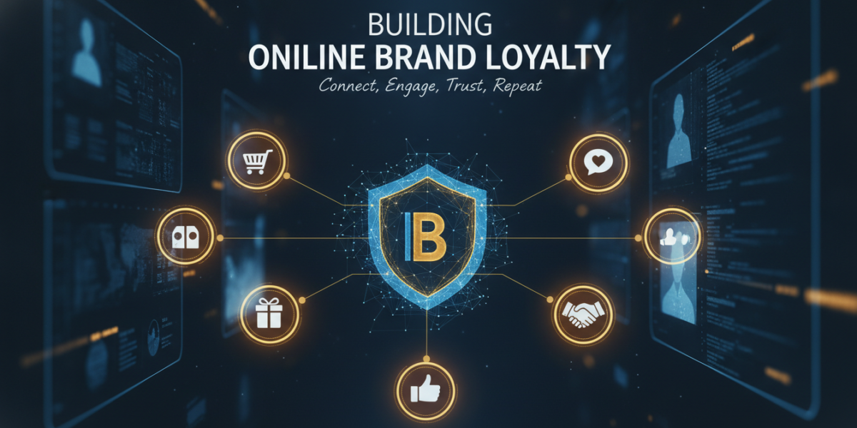 Digital graphic illustrating online brand loyalty with connected customer engagement icons.