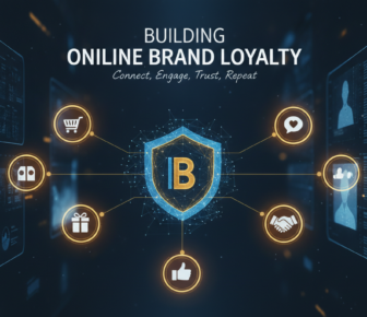 Digital graphic illustrating online brand loyalty with connected customer engagement icons.