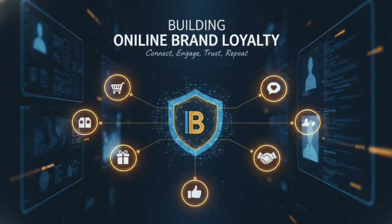 Digital graphic illustrating online brand loyalty with connected customer engagement icons.
