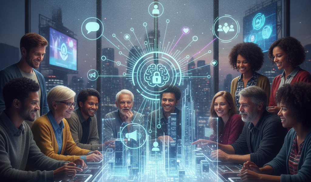 Diverse team collaborating around holographic cybersecurity data display