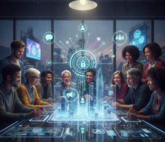 Diverse team collaborating around holographic cybersecurity data display