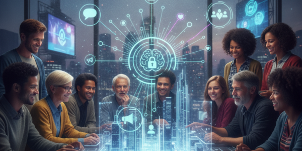 Diverse team collaborating around holographic cybersecurity data display