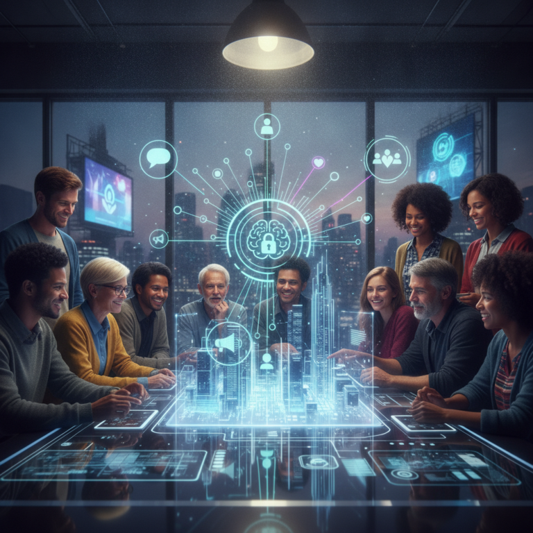 Diverse team collaborating around holographic cybersecurity data display