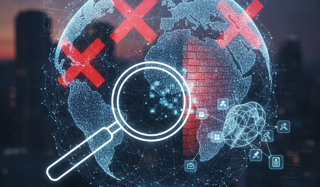 Digital globe with search icon and red crosses, illustrating indexing challenges