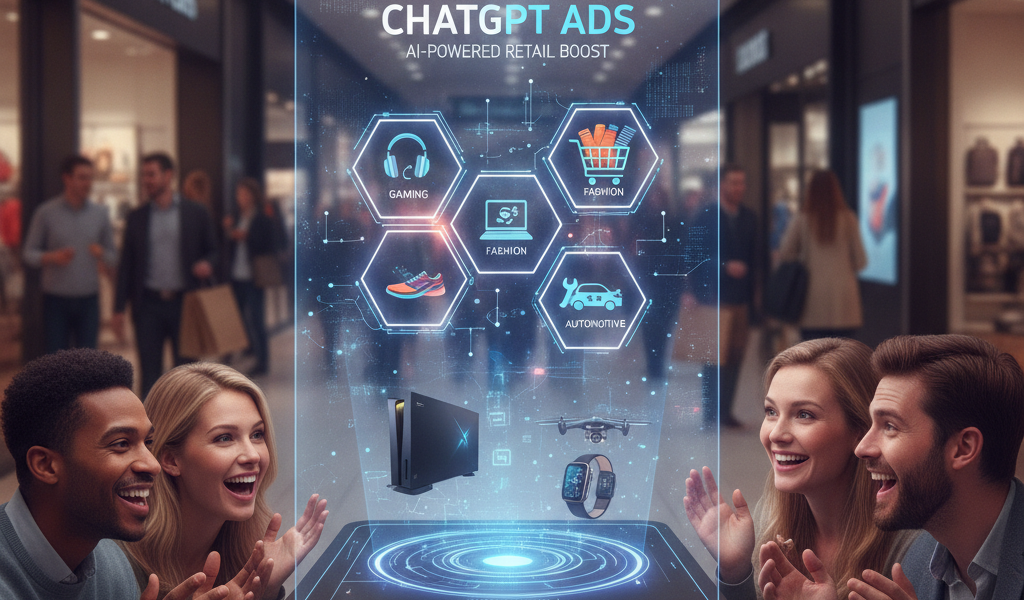 Shoppers view ChatGPT Ads retail holographic display