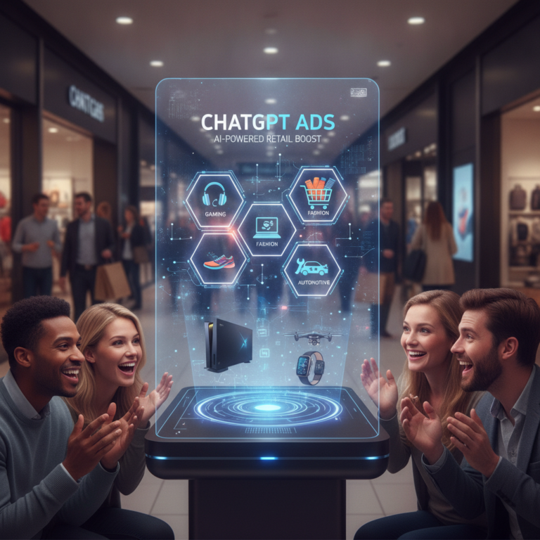Shoppers view ChatGPT Ads retail holographic display