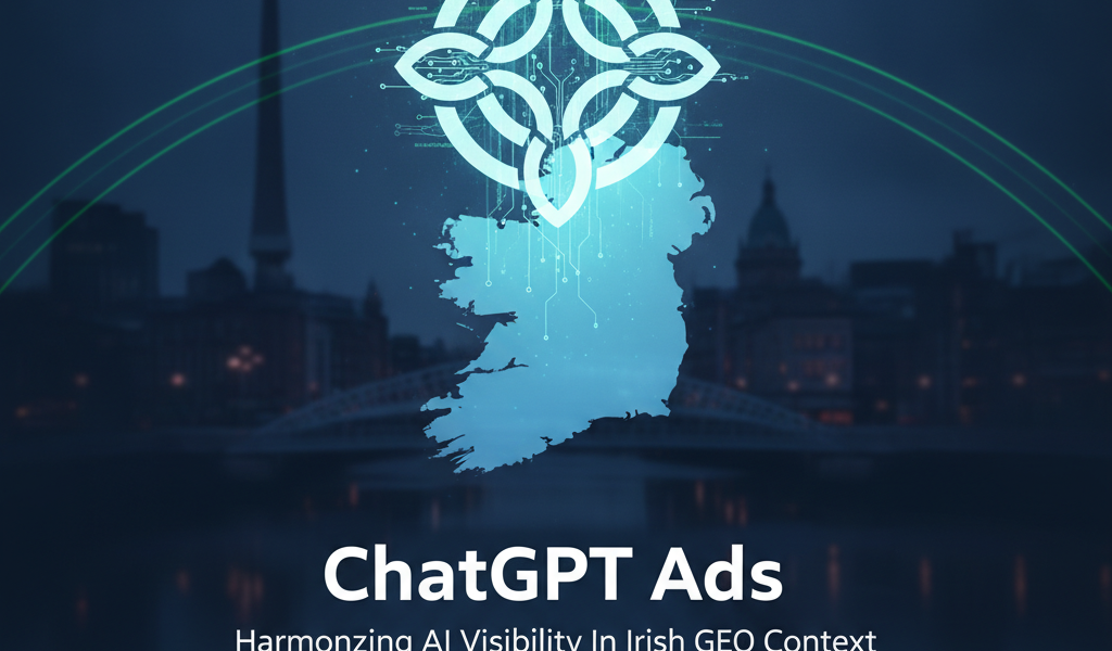 ChatGPT Ads graphic with Irish map and Dublin skyline