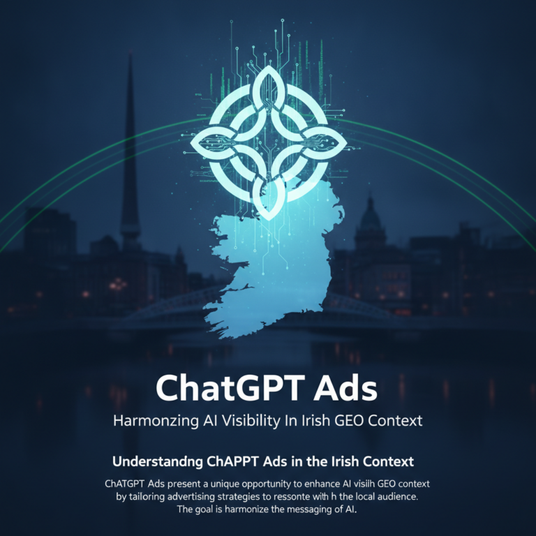 ChatGPT Ads graphic with Irish map and Dublin skyline