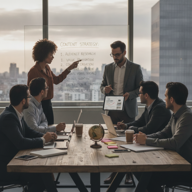 Team discussing content strategy during office meeting