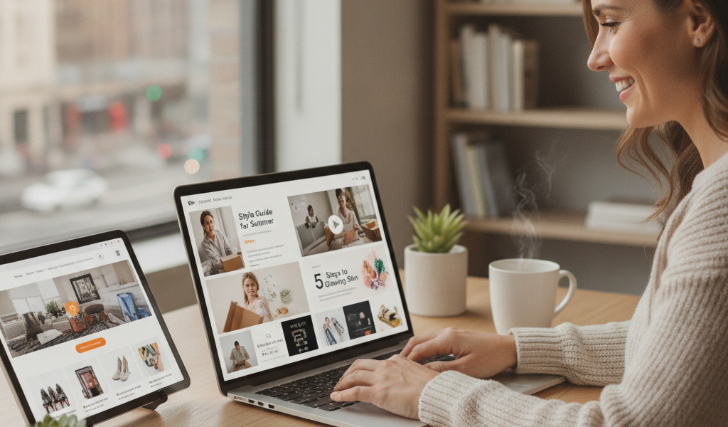 Woman browsing online interior design websites on laptop and tablet