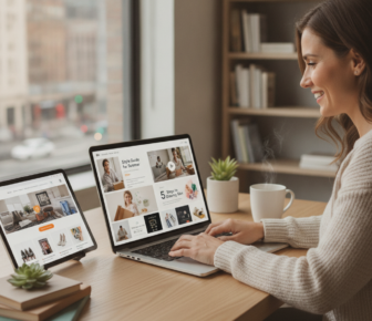 Woman browsing online interior design websites on laptop and tablet