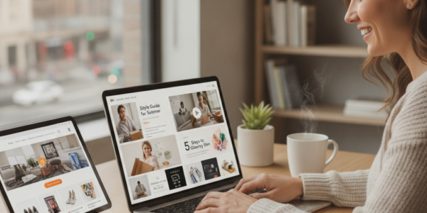 Woman browsing online interior design websites on laptop and tablet