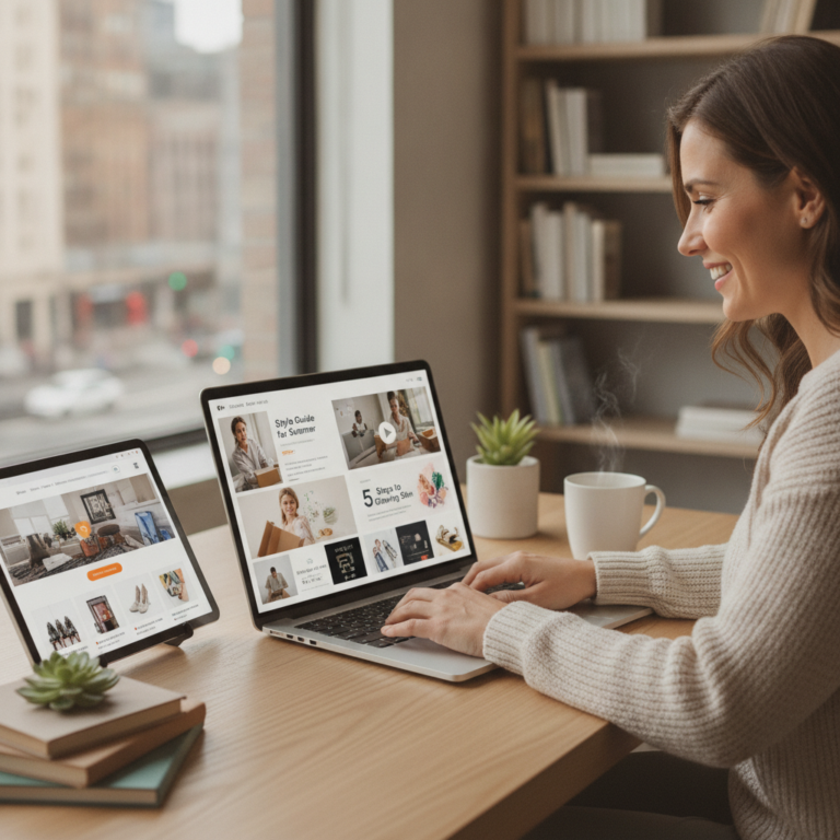 Woman browsing online interior design websites on laptop and tablet