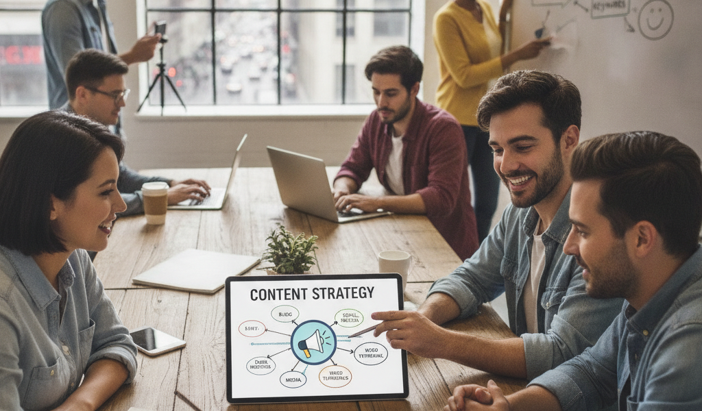 Team collaborating on a content strategy in a modern office