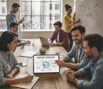 Team collaborating on a content strategy in a modern office
