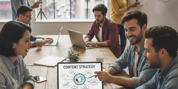 Team collaborating on a content strategy in a modern office