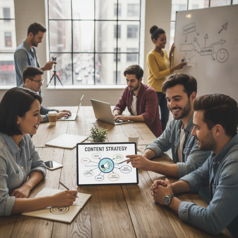 Team collaborating on a content strategy in a modern office