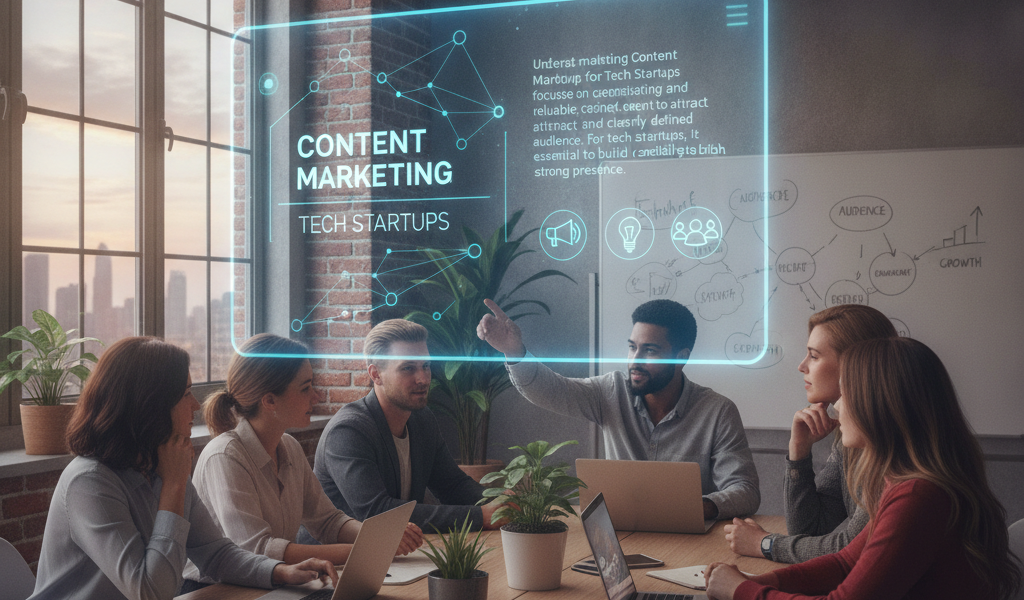 Team discussing content marketing strategy for tech startups