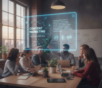 Team discussing content marketing strategy for tech startups