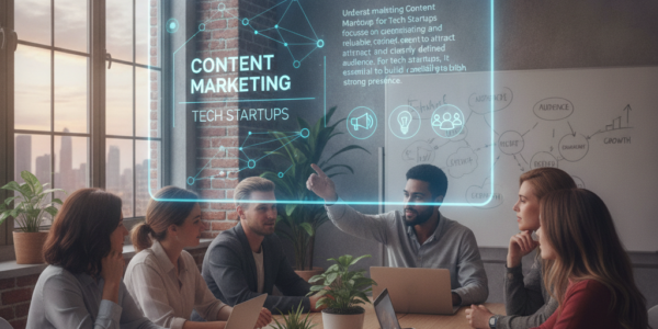 Team discussing content marketing strategy for tech startups