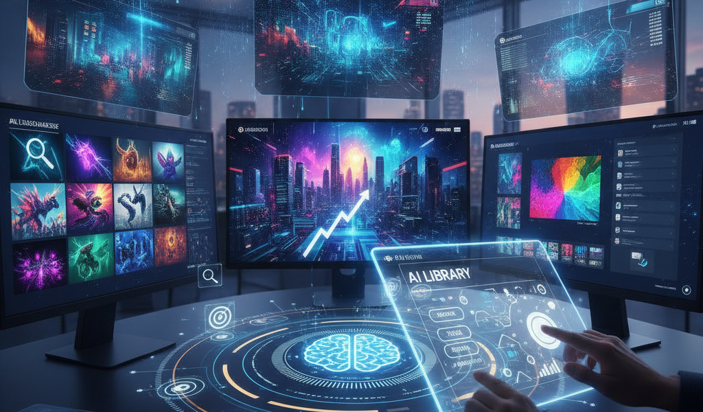 Futuristic AI library interface across multiple glowing screens