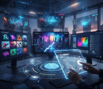 Futuristic AI library interface across multiple glowing screens
