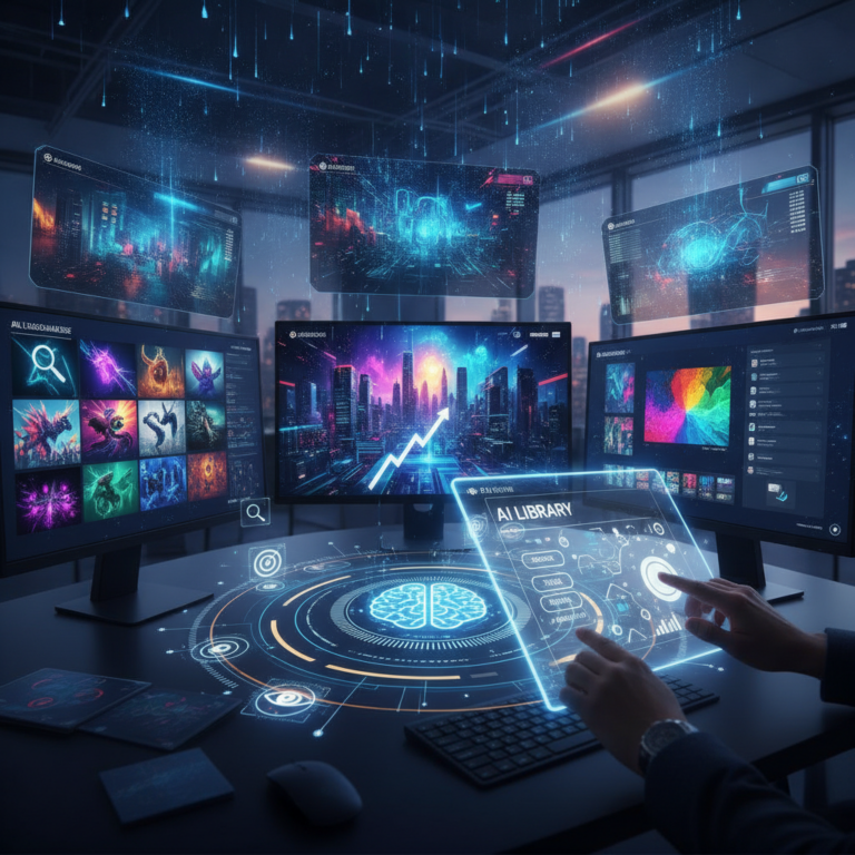 Futuristic AI library interface across multiple glowing screens