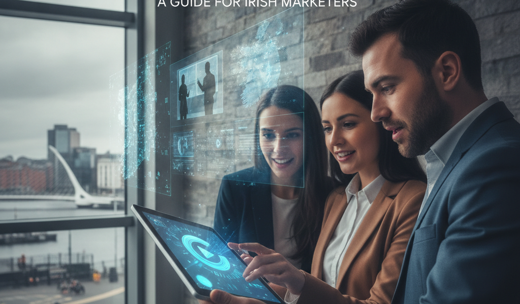 Professionals using AI tablet interface in modern office