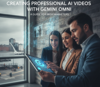 Professionals using AI tablet interface in modern office
