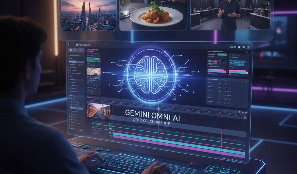 Editor using AI video creation suite on futuristic screen