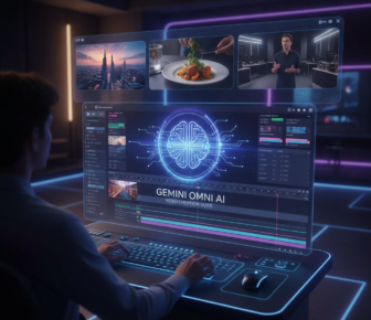 Editor using AI video creation suite on futuristic screen
