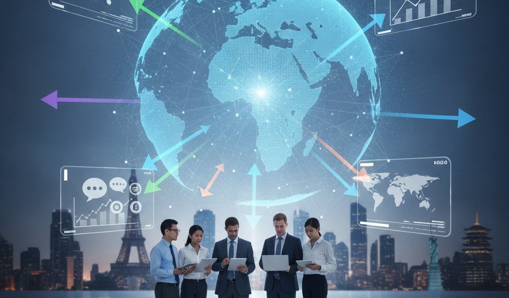 Business team beneath digital globe showing global market connections