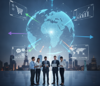 Business team beneath digital globe showing global market connections