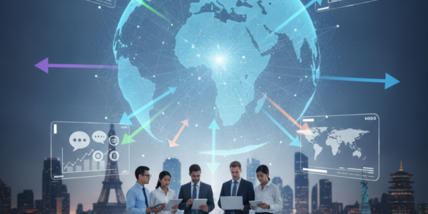 Business team beneath digital globe showing global market connections